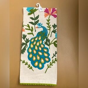 World Market Tea Hand Towel Embroidered Linen Teal Peacock Floral 18x28 NWT New